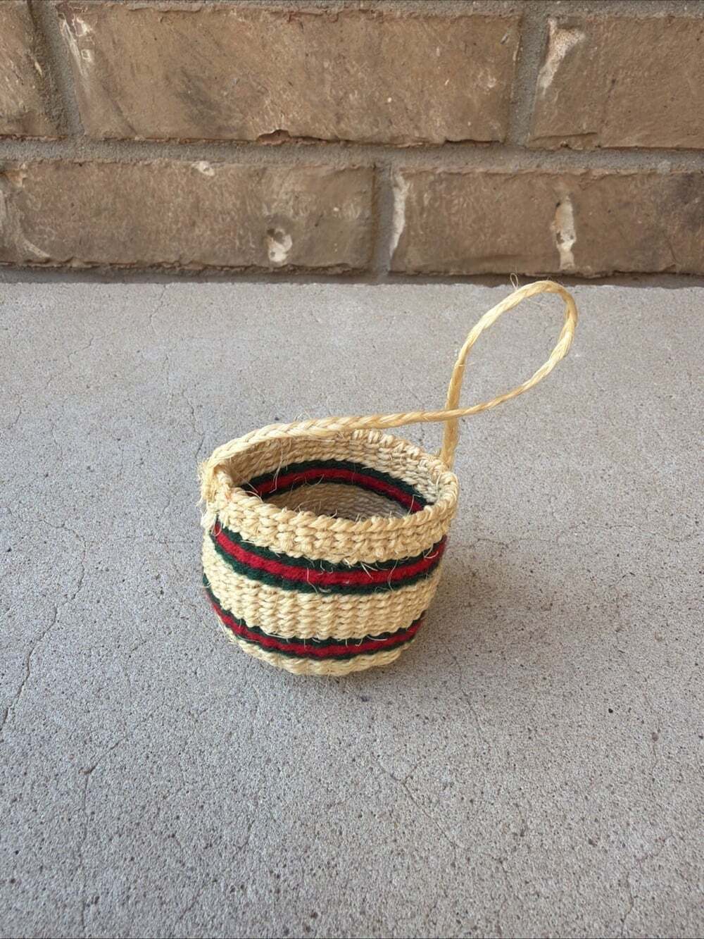 Vintage Miniature Woven Basket With Handle 2”x2” Red Green Stripe